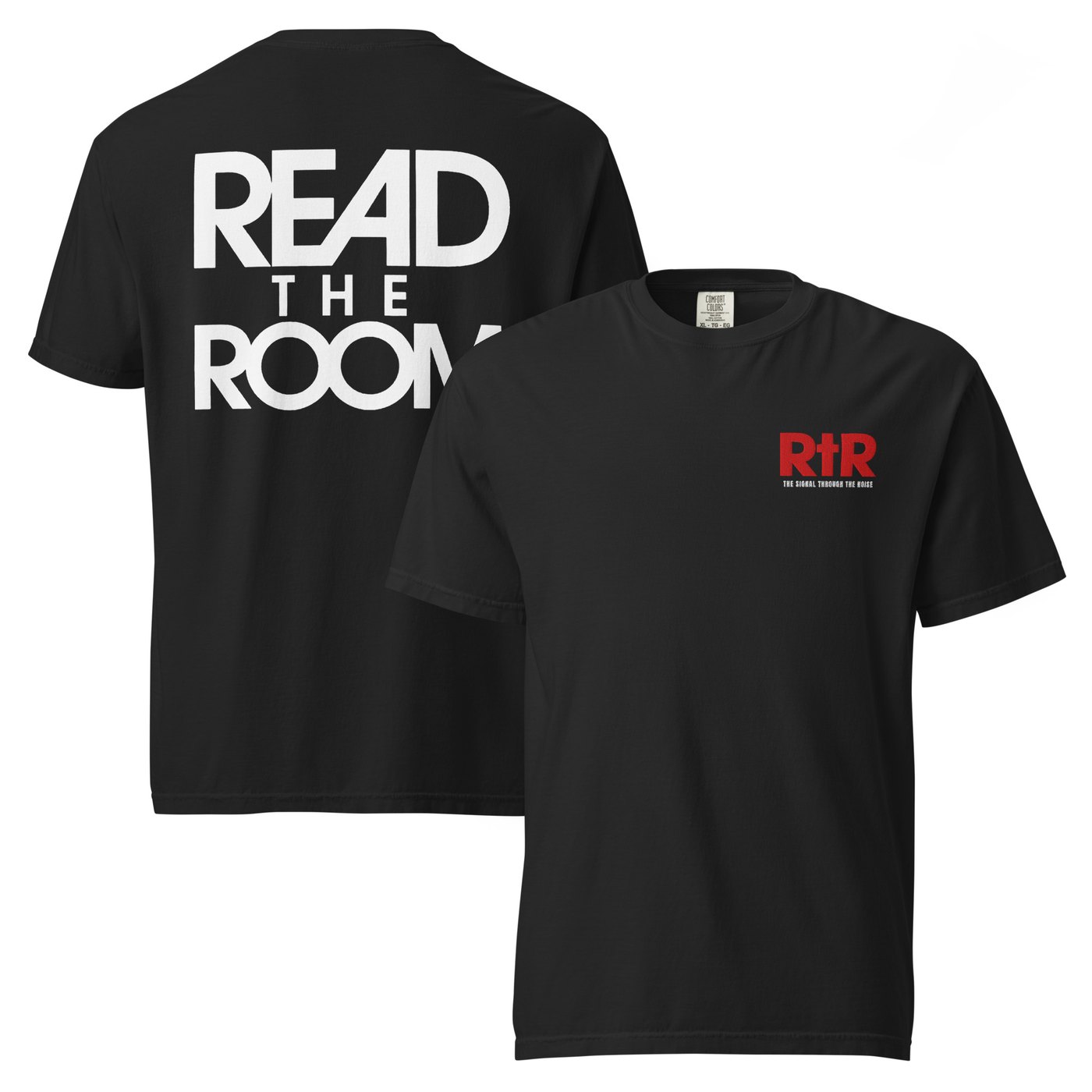 Black garment-dyed heavyweight tee — red RtR monogram