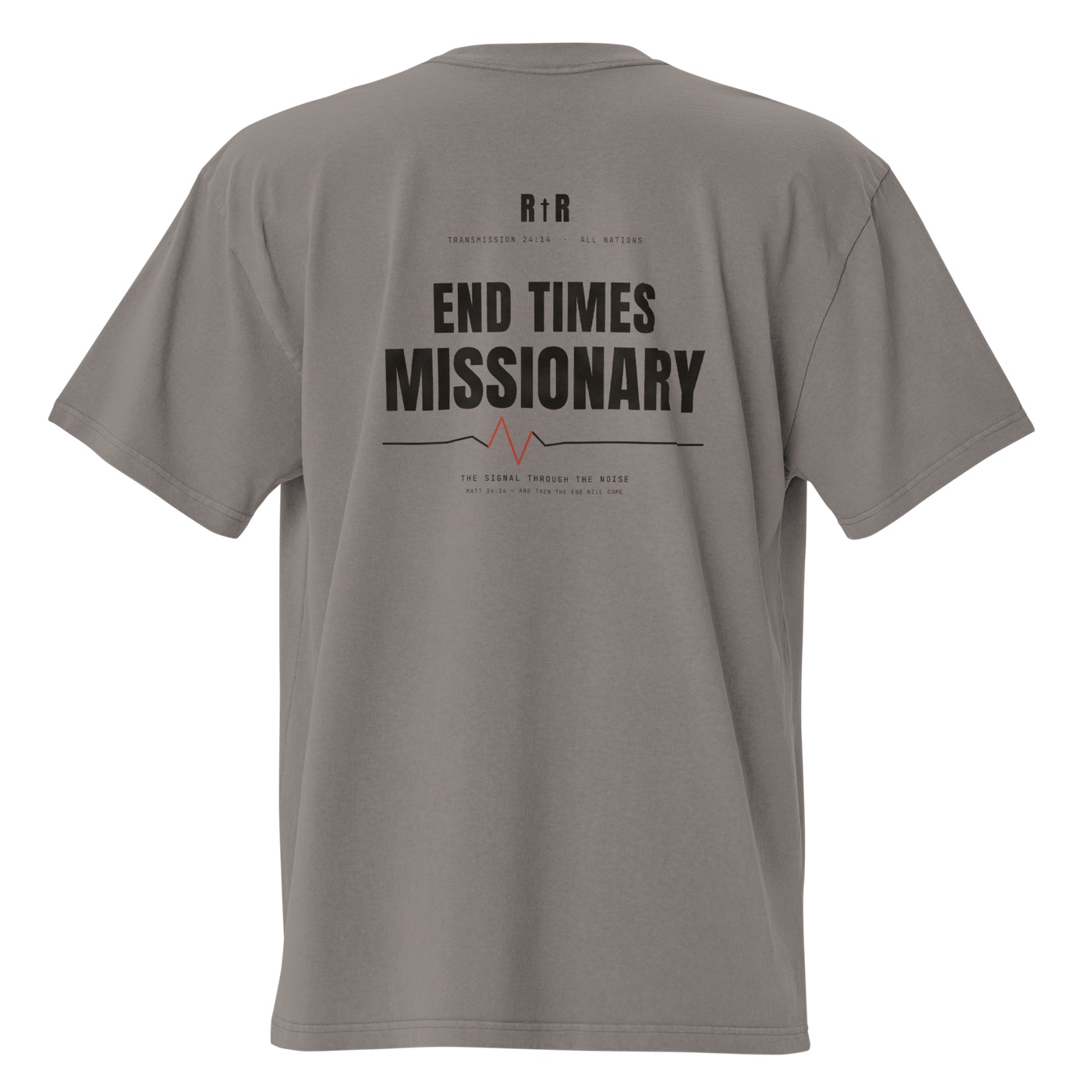 Faded gray oversized tee — END TIMES MISSIONARY broadcast graphic with a red pulse line across the back